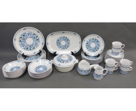 Noritake Blue Moon pattern dinner service, six dinner plates, six side plates, six soup plates, six dessert bowls, gravy jug,