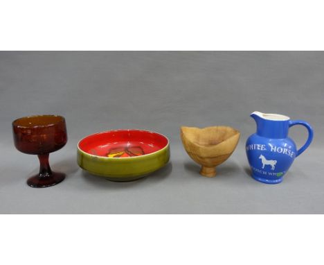 Poole pottery bowl in Delphis pattern, an amber glass goblet, Wade jug and a Michael O'Donnell tulipwood bowl (bowl with a sp