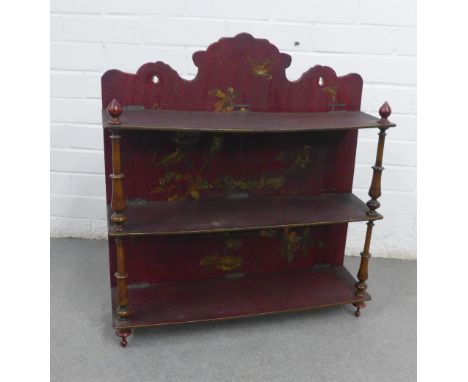 Red lacquered chinoiserie wall shelf with butterfly pattern, 65 x 60cm 