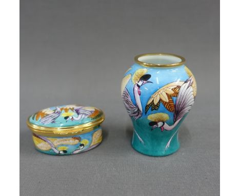 Moorcroft enamel baluster  vase and pill box, in grebe pattern, with factory backstamps and initials PD &amp; RDR, tallest 6.