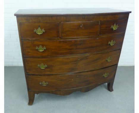 Georgian mahogany bow front chest with three short and three long drawers, 115 x 125cm (a/f one foot with woodworm)&nbsp;