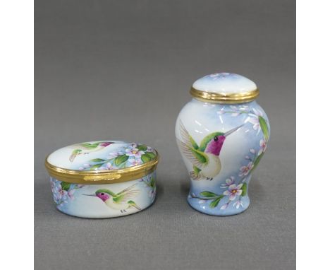 Moorcroft enamel jar and cover with humming bird pattern, with factory backstamps and initials SJS, 8cm high together with a 