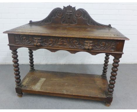 Oak 'Green Man' ledgeback table with bobbin legs and undertier, 97 x 107cm