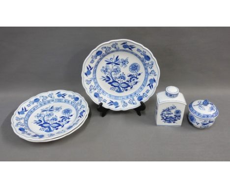 Three Hutschenreuther blue and white plates, matching porcelain tea caddy and jar, (6) 