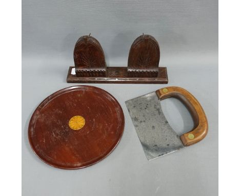 19th century mahogany circular card tray, 23cm diameter, a Thos Turner &amp; Co cast steel and mahogany herb cutter and a car