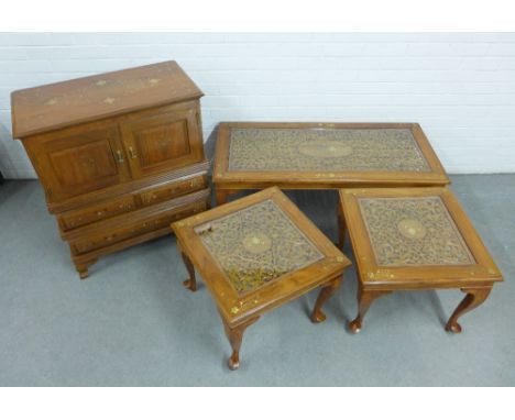 Eastern hardwood and mixed metal inlaid cabinet, 88 x 77 x 41cm, together with a coffee table and matching pair of lamp / sid