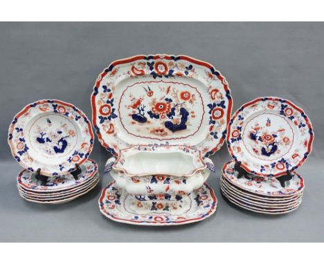 19th century Real Stone china Imari pattern table wares to include eight plates, six bowls, two graduated ashets and a tureen