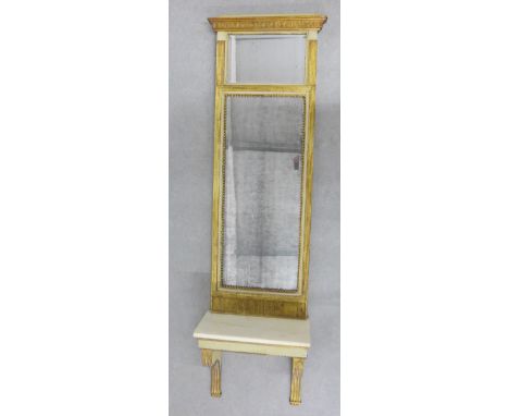 Pier glass mirror with gilt and pale green pained frame, together with its matching wall bracket with white hardstone top, ov