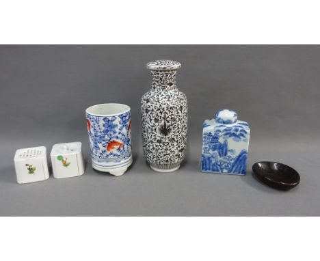 Mixed lot to include 19th century porcelain inkwell and pounce pot, famille noir table lamp base, modern blue and white caddy
