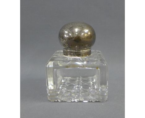 Edwardian silver topped glass inkwell, John Grinsell &amp; Sons, London 1902, of square form with a hobnail base, complete wi