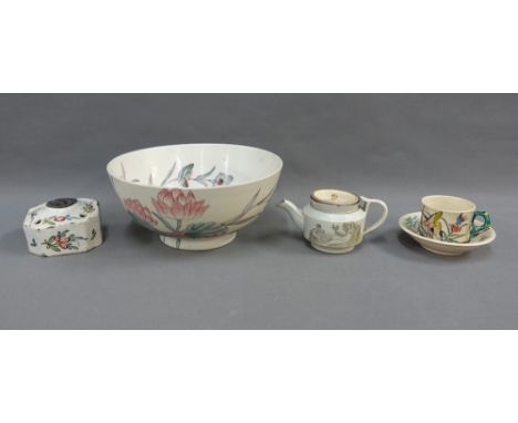 Mixed lot to include a faience inkwell, Japanese earthenware cup and saucer, 18th century pearlware teapot and a modern Chine