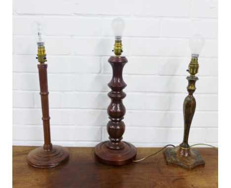 Chinoiserie table lamp base and two wooden table lamp bases, (3) 