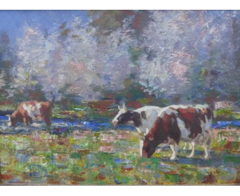 Andrew Douglas, RSA, (1870 - 1935)   Cows in a field,  oil on board, apparently unsigned, but inscribed verso Andrew Douglas,