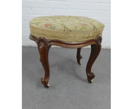 19th century mahogany stool with cabriole legs and tapestry upholstered top, on ceramic castors, 43 x 48cm 
