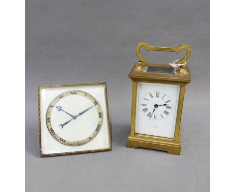 Brass and glass panelled carriage clock, the enamel dial with Roman numerals, height including handle 15cm, together with an 