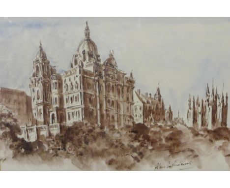 Alan Sutherland, (b.1931) Bank of Scotland on the Mound,  watercolour, signed,  framed under glass, 36 x 25cm  Footnote: Alan
