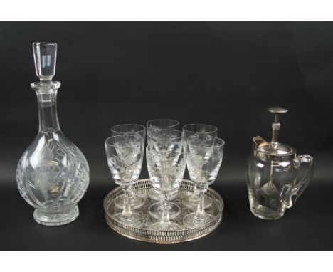 WINE GLASSES, a set of seven, with etched bowls, a plated drinks tray, a patent cocktail mixer and a cut glass decanter, with