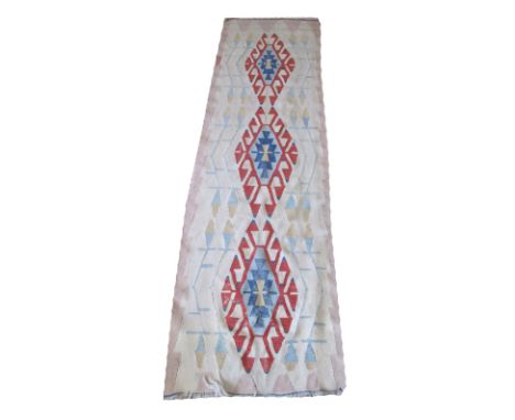 VINTAGE QASHQAI KILIM RUNNER, 262cm x 76cm, geometric polychrome designs.
