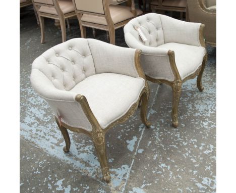 BUTTON BACK CHAIRS, a pair, on carved oak frame with natural fabric, 60cm W. (2)