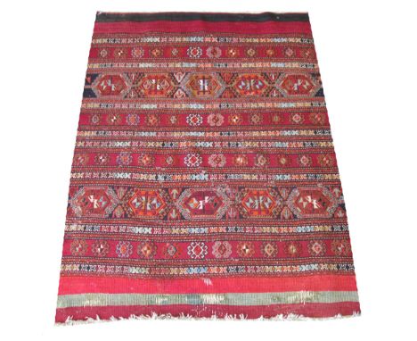 VINTAGE AZERBAIJAN SOUMAK RUG, 160cm x 121cm, all over linear geometric polychrome designs.