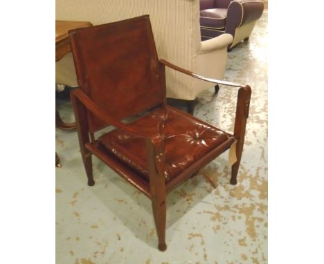 CAMPAIGN CHAIR, Nowegian made, vintage, stitched tan leather and teak fold flat supports.