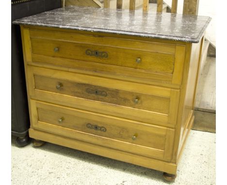 COMMODE, early 20th century Continental beech and oak, the marble top over three drawers, 107cm W x 58cm D x 91cm H. (with fa