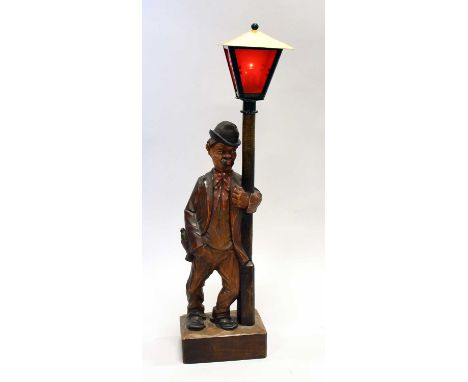 A Rare And Fine 'Drunkard by a Lamppost' Whistling Automaton, By Karl Griesbaum late 1930s, the polychrome-painted carved lim