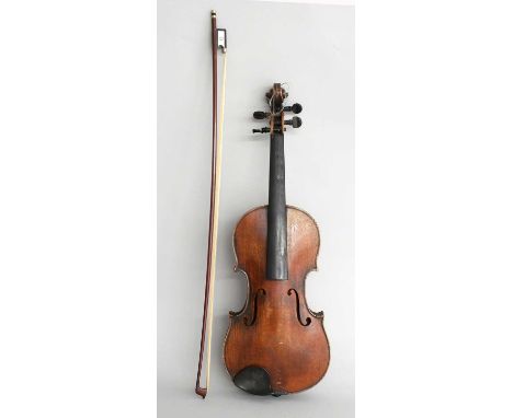 Violin 14 1/8" one piece back, ebony fittings, labelled 'Stradivarius', cased with bow
