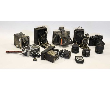 Various Cameras including Kodak Vest Pocket and two other folding cameras; Zenit 12XP, Paillard Bolex B8 and two others; toge