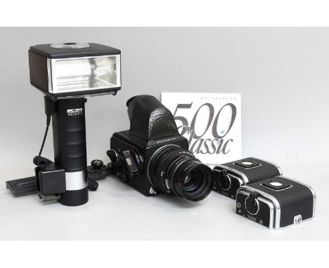 Hasselblad 500C/M Camera no.RU1413126, with Carl Zeiss T* Sonnar f4 150mm lens, prism viewer, three film backs and Metz 60CT-