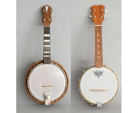 Banjolele 9" head 12 lugs, 16 fret, detachable resonator, no label, in soft case; Ukulele Banjo 8" head, 12 lug, 15 fret, ope