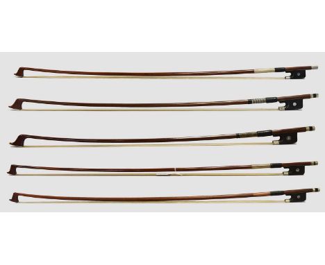 Cello Bow full size stamped 'Knoll', viola bow 'Alfred Knoll', viola bow 'W Seifert', viola bow 'Ary-France' and three quarte