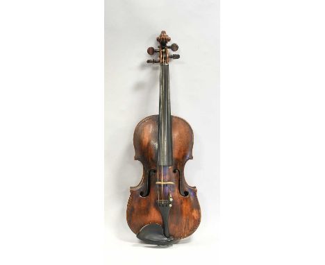 Violin 12 1/2" two piece back, ebony fingerboard, no label, cased with bow; Violin 13 3/8" two piece back, ebony fittings, la