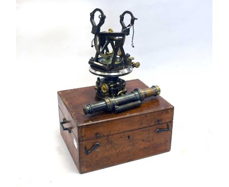 Troughton & Simms Theodolite dark lacquered with central compass and circular Vernier scale to edge of turntable, with remove