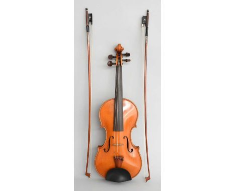Violin 13 7/8" one piece back, ebony fingerboard, with makers label 'Guarneri del Gesu 1733, Violin Made By Roger Hansell Cal