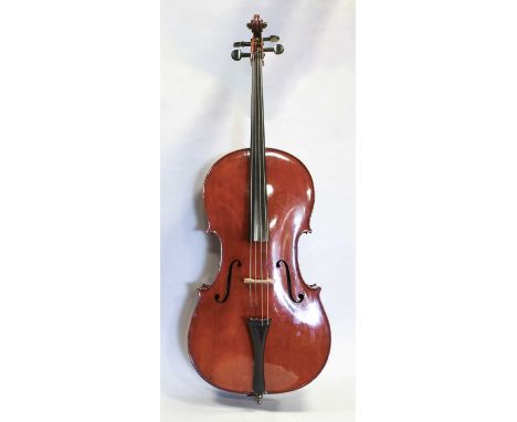 Cello 29 3/4" two piece back, ebony fittings, labelled 'The Concert Violoncello Hawkes &amp; Son Denman St. Piccadilly Circus