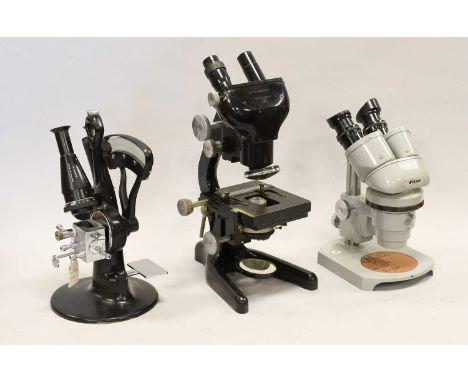 Nikon Stereo Microscope no.82411, grey lacquered; Bellingham &amp; Stanley Fractometer no.440629 and W Watson Bactil Binocula
