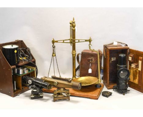 Various Instruments Stanley surveyors level, ER Watts level (cased); a set of Pan Balances, Galvanometer Mk II in mahogany ca