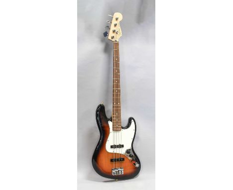 Fender Jazz Bass Guitar sunburst body, three ply scratchplate, three control dials two pickups, Fender decal to headstock, re