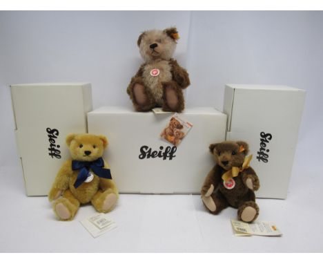 Three boxed Steiff articulated teddy bears to include 001000 Cappuccino two-tone beige and brown mohair bear, 33cm tall, 0004