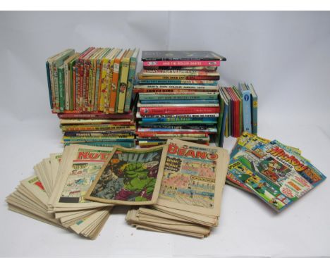 A collection of 1970s and later children's books, annuals and comics including The Beano, Hulk Comic, Nutty, Disney, Noddy an