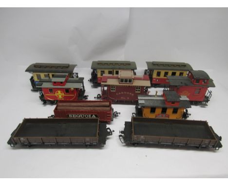 Ten assorted items of G scale garden railway rolling stock to include three LGB (Lehmann-Gross-Bahn) no.2 coaches, LGB 'Auto 