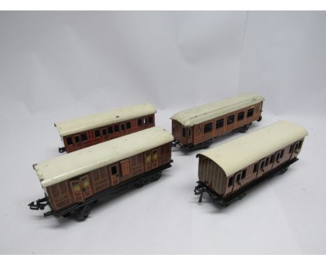 Four Bing 0 gauge tinplate model railway bogie coaches in LNER teak livery, comprising brake van no. 264, two 1st/3rd coaches