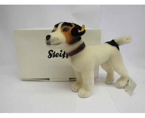 A boxed Steiff 031731 Hexie mohair Jack Russell, wearing brown leather collar, button and yellow tag to ear, 28cm tall