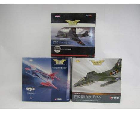 Three boxed Corgi Aviation Archive 1:72 scale diecast military aeroplanes to include AA32714 Hawker Hunter T7 RAF-XL573-RAF, 