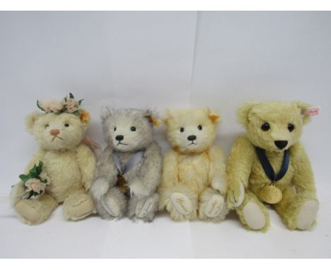 Four Steiff for Danbury Mint articulated mohair teddy bears to include 663666 2010 year bear with medallion, 654893 Gemini zo