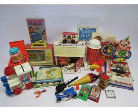A mixed group of vintage toys and games including Fisher Price Music Box TV, Family Play Farm barn and silo, Teaching Clock, 