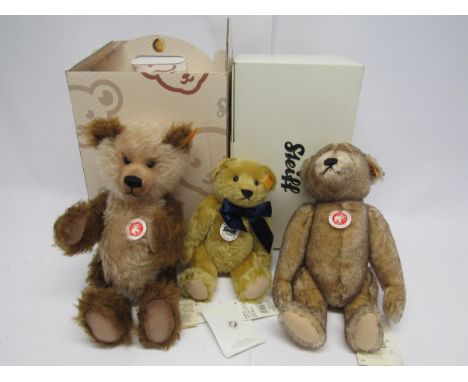 Three Steiff articulated mohair teddy bears to include 003370 Classic Petsy in Steiff box, 30cm tall, 001000 Cappuccino in St