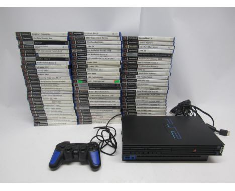 A Sony PlayStation PS2 computer games console with controller and seventy-seven games including Soulcalibur II, Singstar Popw