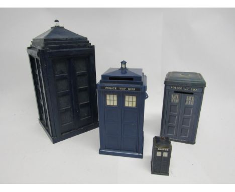 Four model Doctor Who TARDIS police boxes to include scratch built wooden example, plastic money box, Jersey toffee tin money